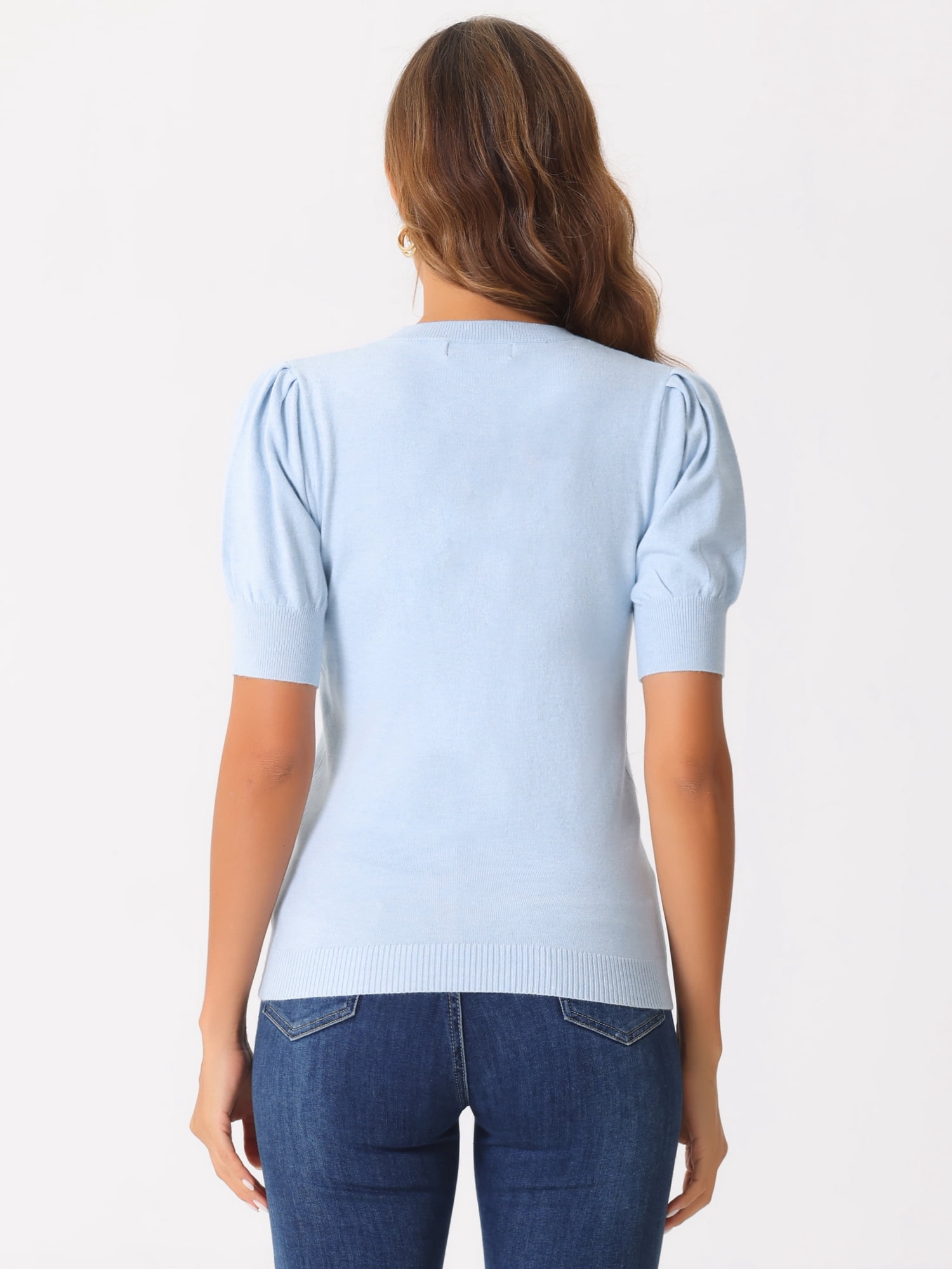 DARING DIVA Ribbed Knit Crew Neck Short Sleeve Tops M Light Blue