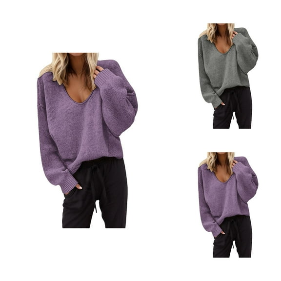 fall tops for women 2025 Stylish Women's Pullover Sweater V Neck Long Sleeve Knit Top for Daily Use Casual Fall and Winter Clothing