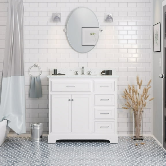 Aria 36" Bathroom Vanity with White Cabinet and Engineered Marble Top