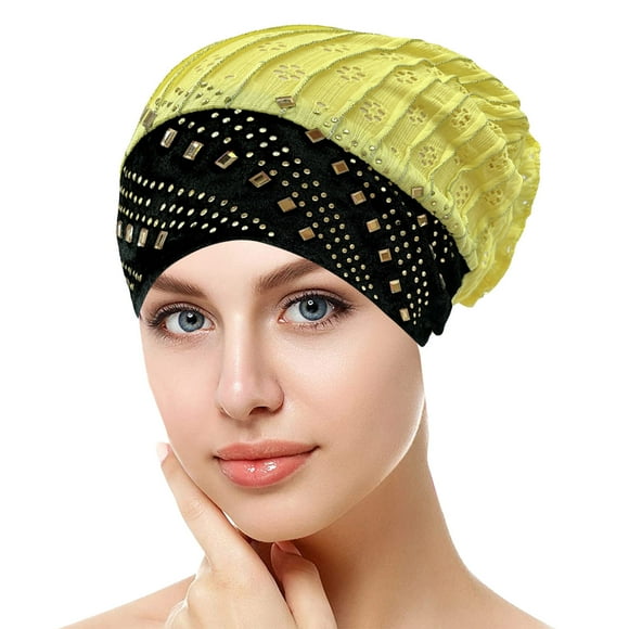 Bunenne Turbans for Women Chemo Headwear for Women Hair Wrap for Sleep Womens Fashionable Retro Hot Graphic Cut Out Patchwork Hood Cap Head Scarf Hair Coverings for Women Yellow One Size
