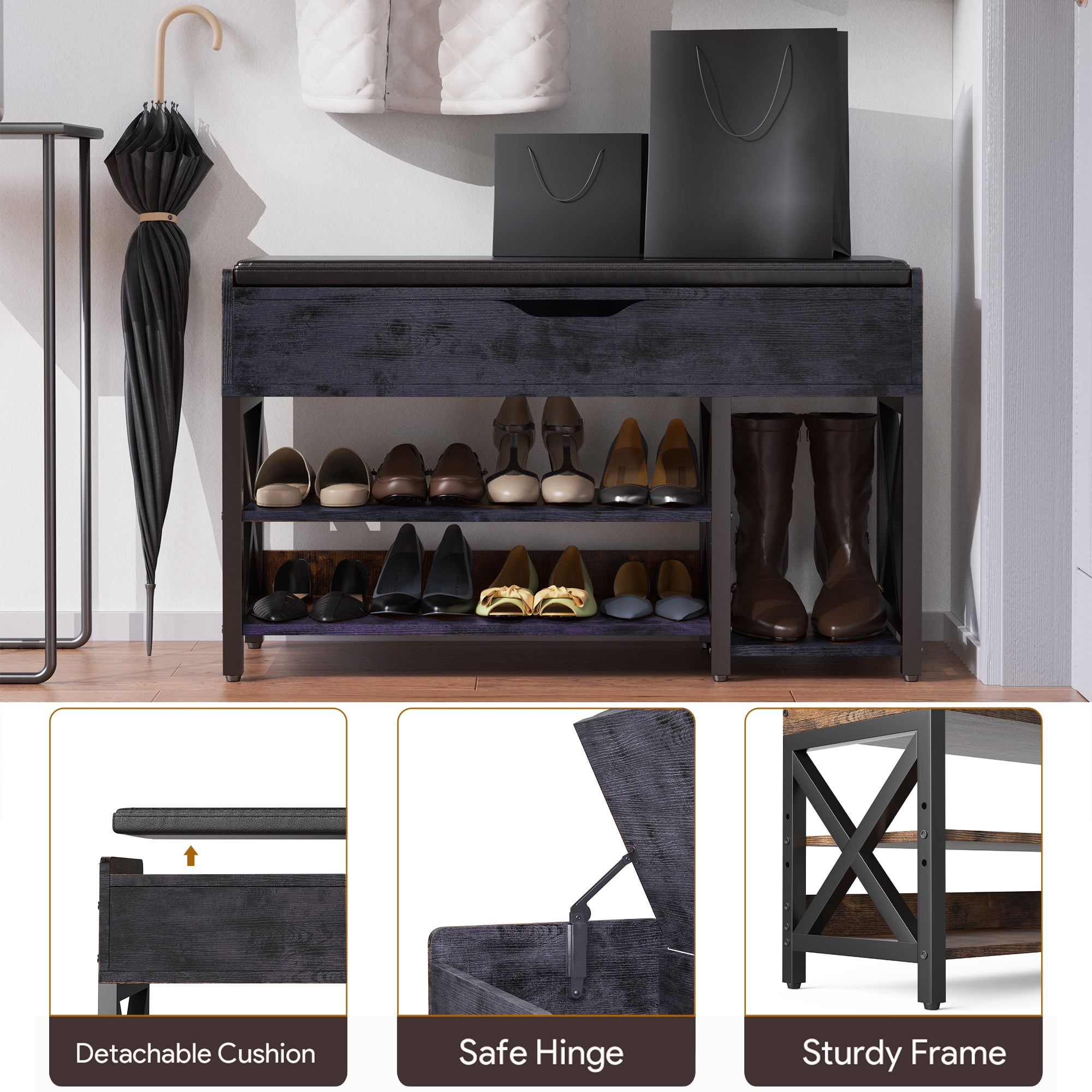 Shoe Bench, Lift Top Shoe Storage Bench, Adjustable Shelf Entryway Bench, Metal and Wood Shoe Rack Organizer with Cushion for Entry, Bedroom, Closet, Living Room, Hallway (Black, 39.5“W)