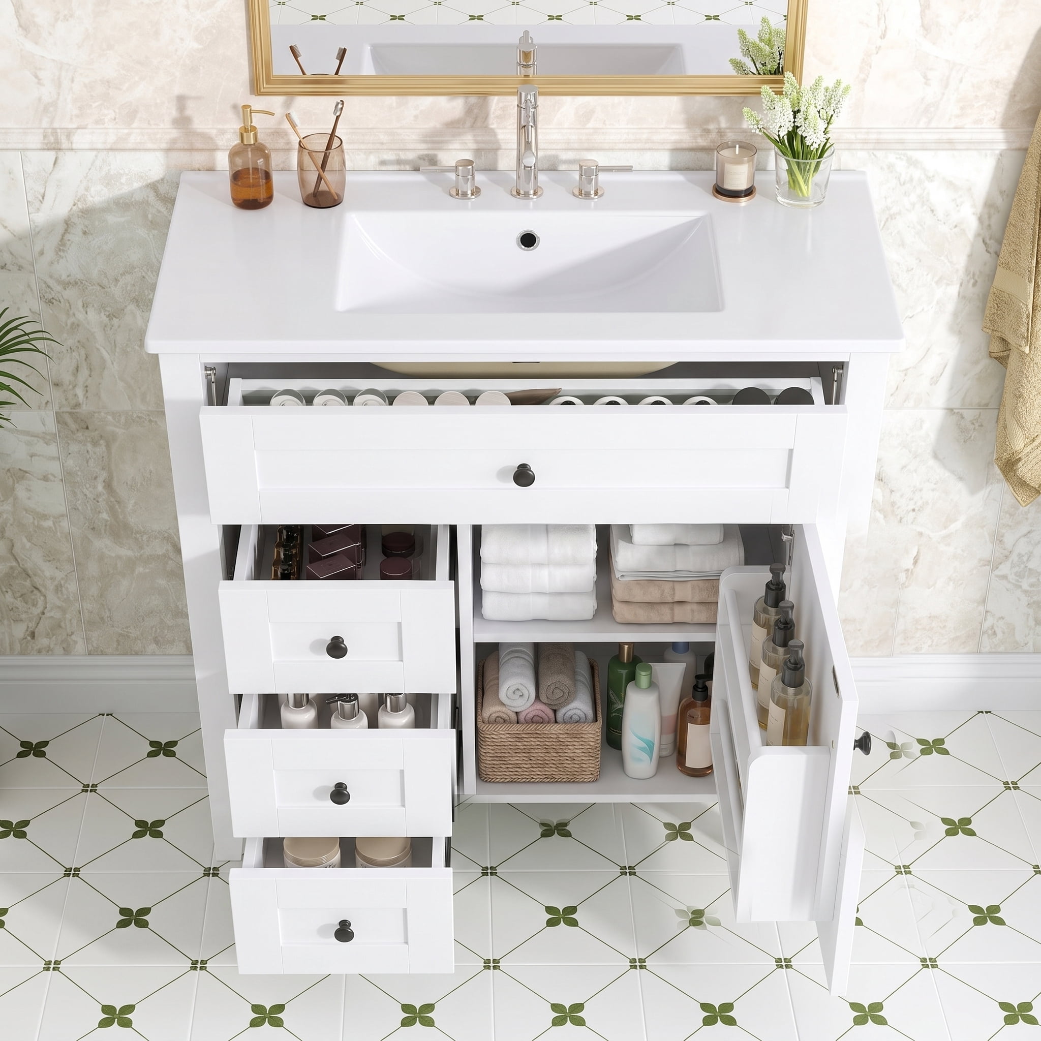 Anpport 30" Freestanding Bathroom Vanity with Sink, Modern MDF & Rubberwood Cabinet, 3 Drawers, Adjustable Shelf & Left‑Side Door, White