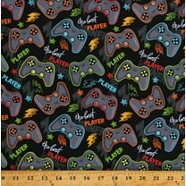 Cotton Gaming Controllers Videogames Player Gadgets Technology Kids Black Cotton Fabric Print by the Yard (112606)