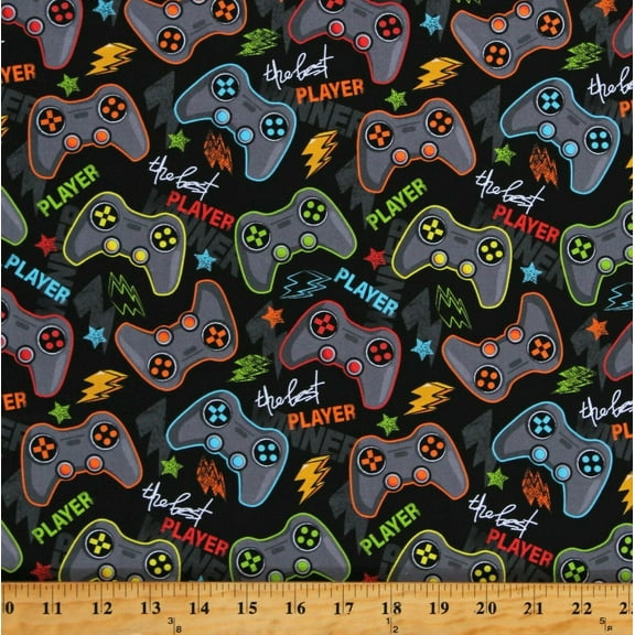 Cotton Gaming Controllers Videogames Player Gadgets Technology Kids Black Cotton Fabric Print by the Yard (112606)