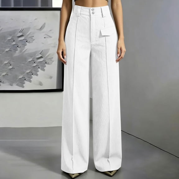 Karymi Workout Shorts Women Pleated Wide Leg Suit Pants, Double Button High Waist Full Length Draped Trousers, Decorative Flap Pocket Women's Clothing
