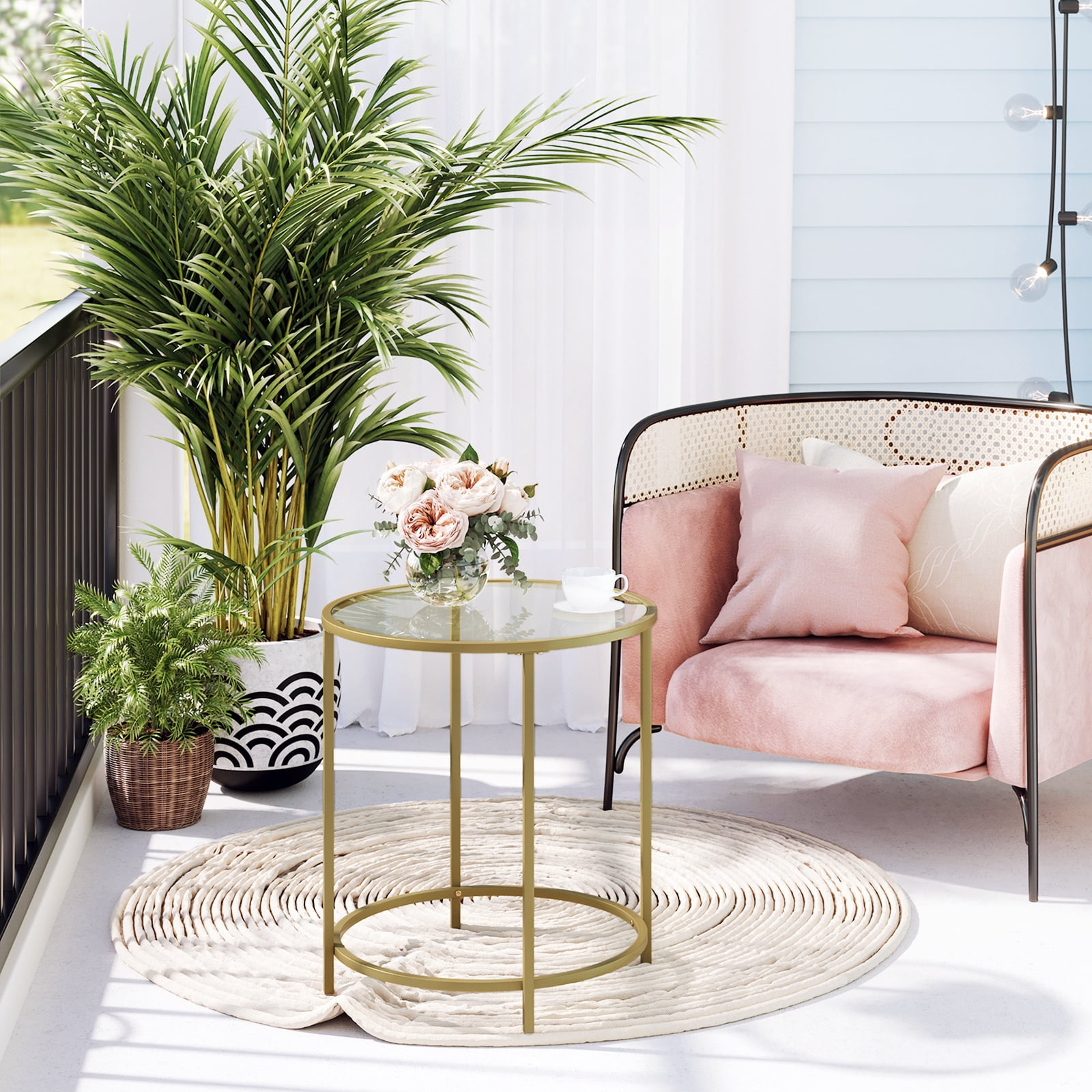 Round End Table Gold Side Table Nightstand with Metal Frame Coffee Table for Living Room Bedroom Gold
