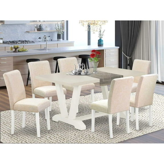 East West Furniture V026AB202-7 7-Pc Dining Room Table Set - 6 Parson Chairs and 1 Modern Rectangular Linen White Wooden Dining Table with High Chair Back - Linen White Finish