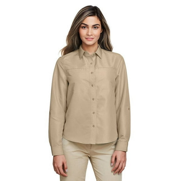 Harriton M580LW Women's Key West Long Sleeve Performance Staff Shirt-Khaki-S