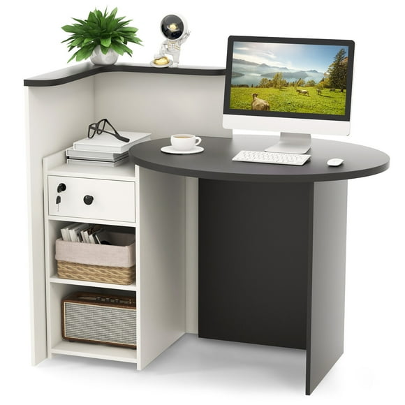 Gymax Front Reception Counter Desk Checkout Office Desk w/Open Shelf & Lockable Drawer