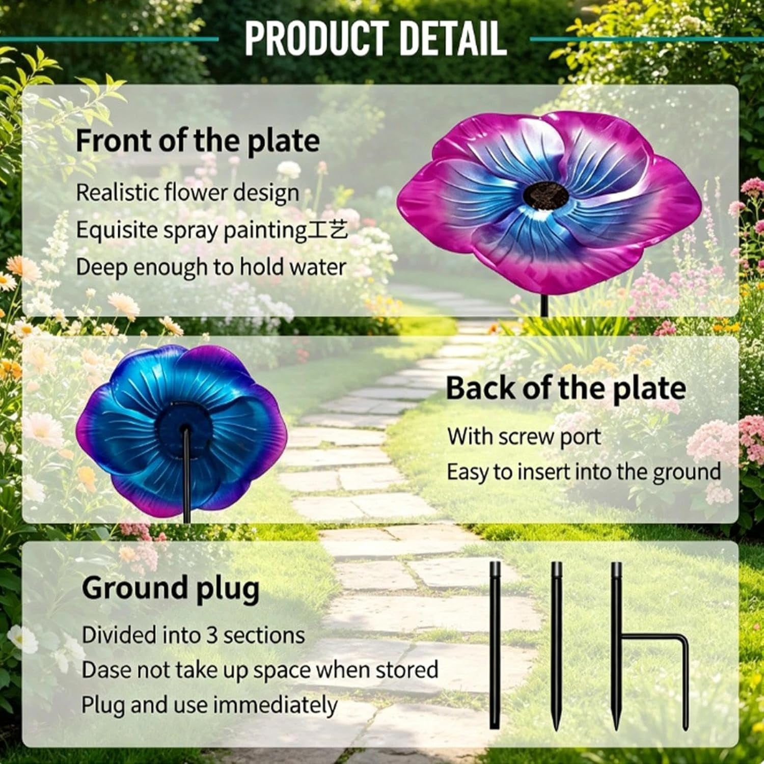 Bird Bath for Outside 24" High Metal Flower Bird Baths Bird Feeders with Stake Decorative Birdbath Bowl Freestanding Birdbaths Tray for Outdoors Garden Yard Patio Lawn Decor