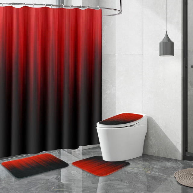Juego de Cortina de Ducha Ombre Negro y Rojo Dznils con Alfombra, 16 Piezas, 72" x 72"