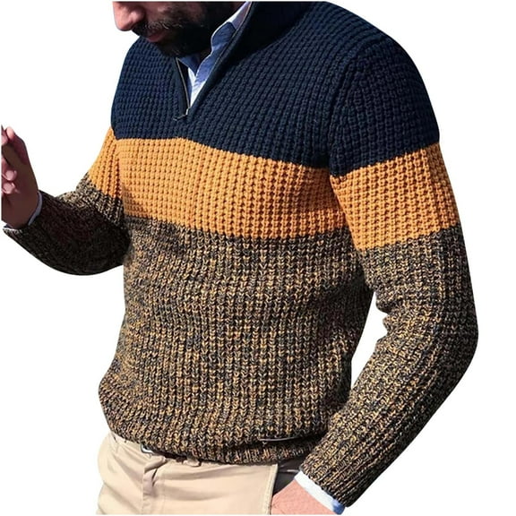 AKOEE Knit Sweaters Men 1/4 Zip Pullover Fashion Color Block Tops Long Sleeve Mock Neck Quarter Zipper Sweater (XL, Yellow)