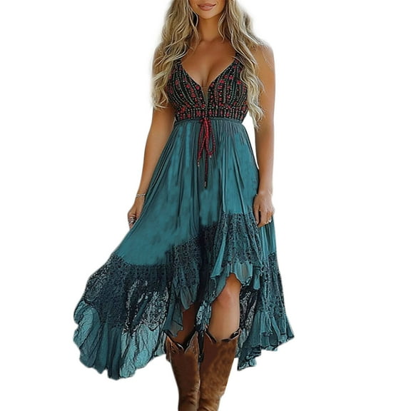 Gpaecead Western Dress For Women Fashion Women Printing Gothic Sleeveless V Neck Vintage Tassel Boho Lace Bandage Zipper Dress Blue