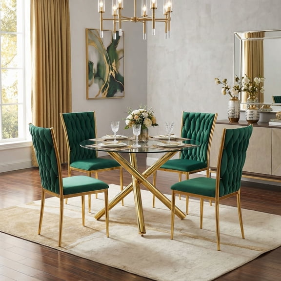 Sumdeal 5-Piece Modern Dining and Chair Set: A space-saving dining and chair set featuring a glass dining table and four velvet chairs, suitable for living rooms/dining rooms.