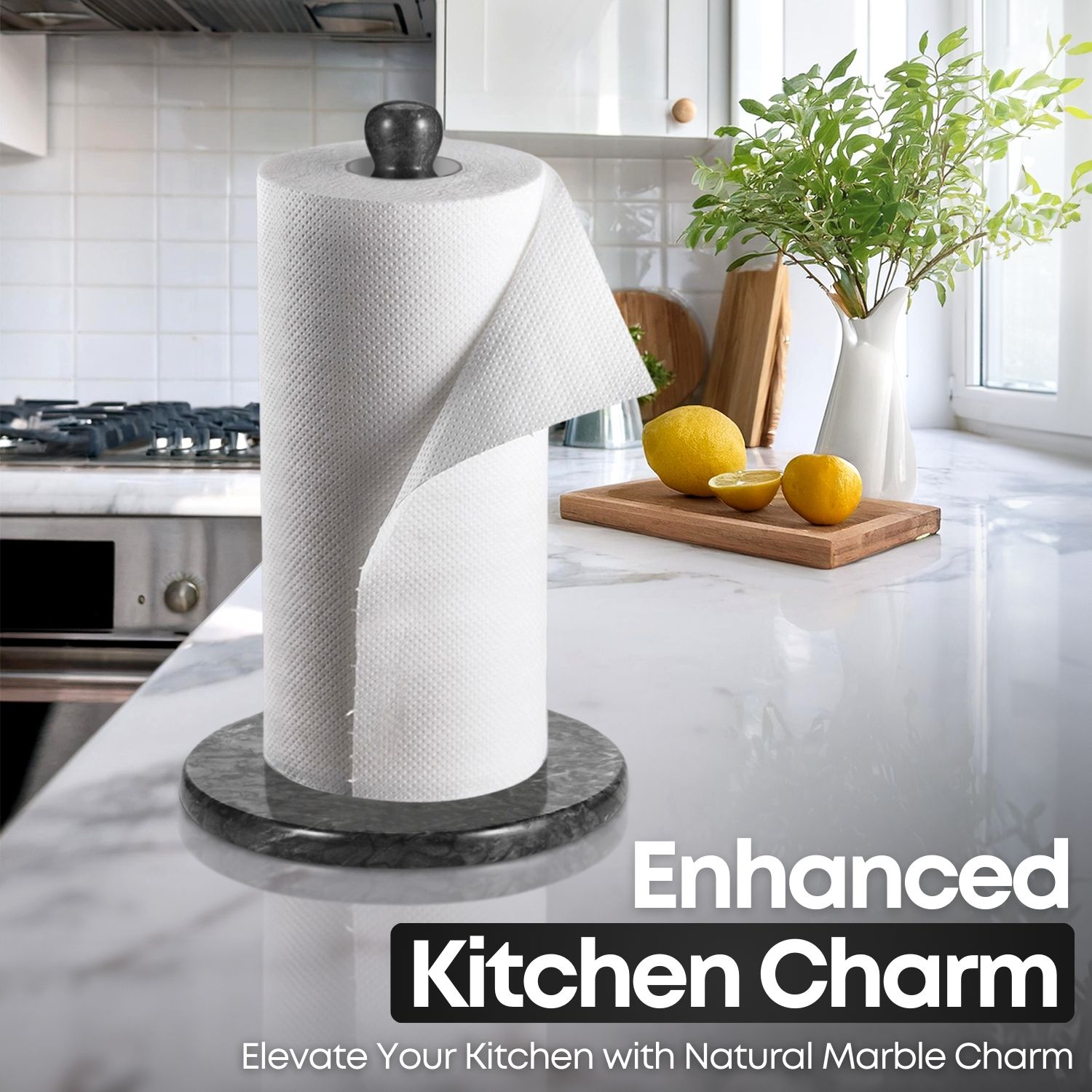 Marble Paper Towel Holder 12 inch (Black Marble) Kitchen Paper Towels Roll Dispenser Stand Rack with Marble Pole and Weight Base for Countertop Tables Home Dining Bathroom Storage