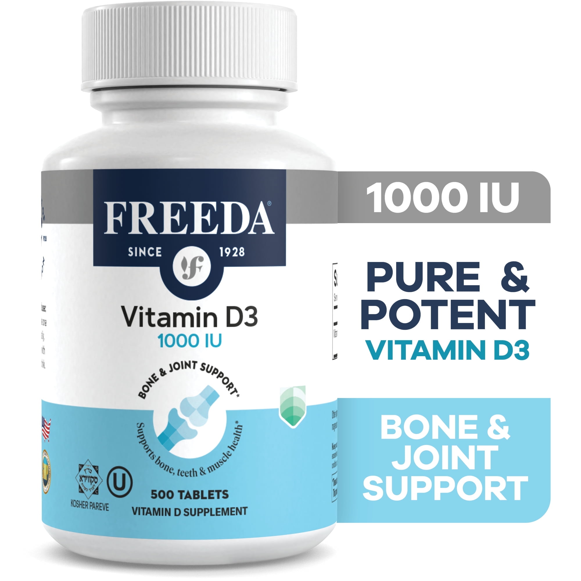 Freeda Vitamin D3 1000 IU Supplement | Bone, Teeth & Immune Support | Tiny Tablets | 500 Count | Kosher, Gluten Free