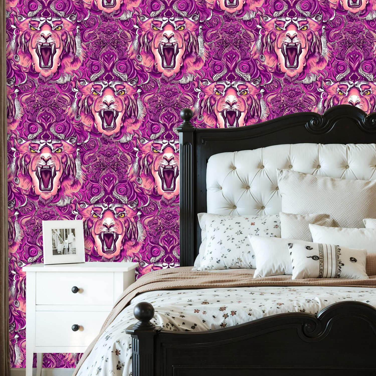 Peel and Stick Wallpaper Bold Tiger Face Pink Purple Mandala Wall Mural 23.6in x 9.8ft Self Adhesive Removable Wall Paper Renter Friendly Wallpaper for Nursery Bedroom Cabinets