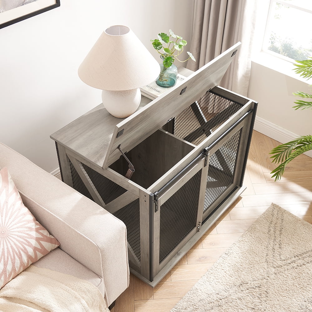 Resenkos Dog House, Pet House,Dog Cave,Farmhouse Dog Cage Crate Furniture with Sliding Barn Door, Farmhouse Wooden Dog Kennel End Table,Gray