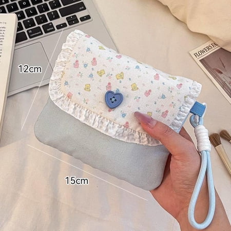Canvas Floral Double-layer Small Storage Bag With Lanyard Portable Sanitary Napkin Cosmetics Organizer For Women Girls Coin Purse Card Holder