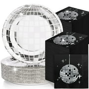 Funtery 200 Pcs CORNET 70s 80s Disco Plates and Napkins Party Supplies Includes Disco Ball Paper Plates and Napkins for 100 Guests Silver Napkin for 90s Birthday Party(Black)