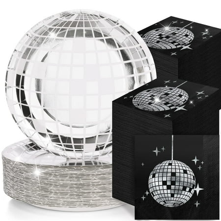Funtery 200 Pcs CORNET 70s 80s Disco Plates and Napkins Party Supplies Includes Disco Ball Paper Plates and Napkins for 100 Guests Silver Napkin for 90s Birthday Party(Black)