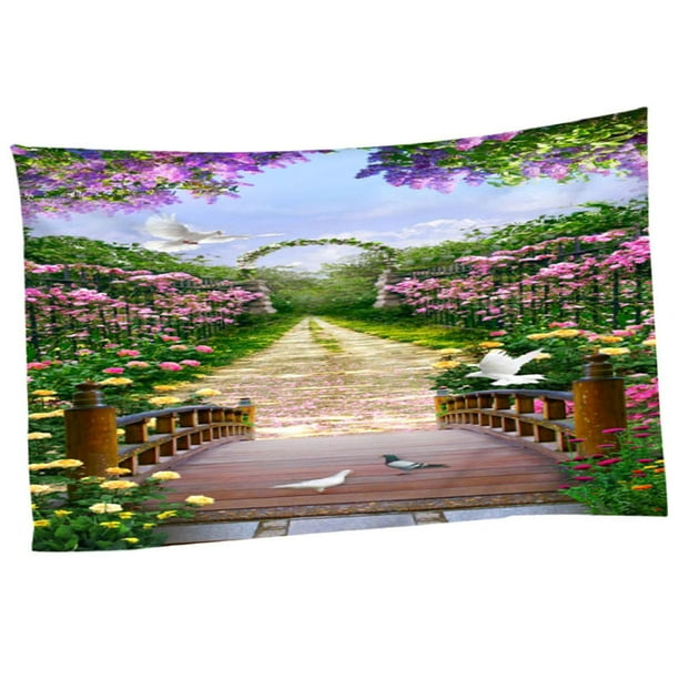 Tapiz de jardín para colgar en la pared, camino de flores, tapiz de pared, arte decorativo de pared 150x130cm