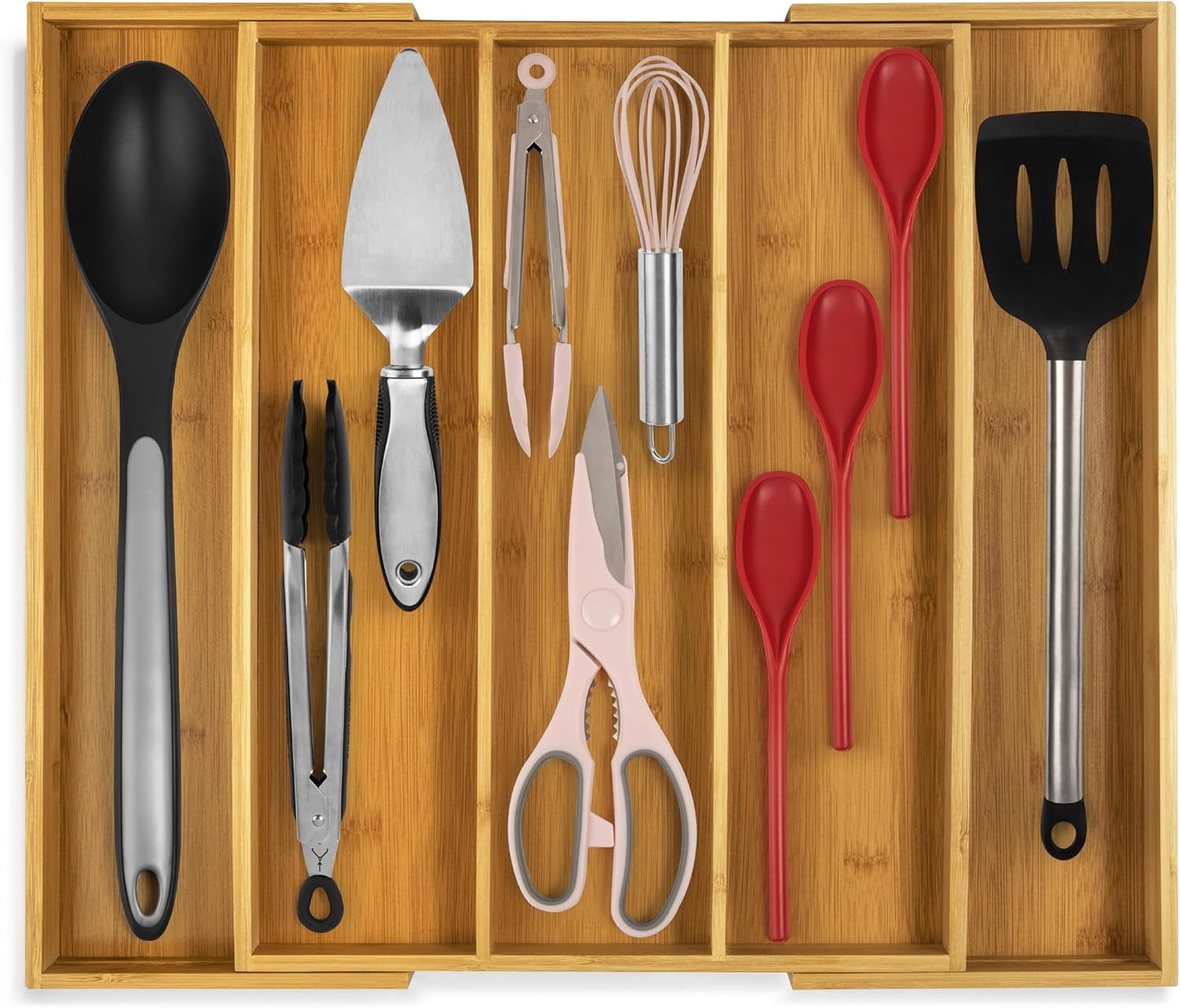 Expandable Bamboo Kitchen Drawer Organizer with 3-5 Slots for Utensils, Cutlery, and Flatware
