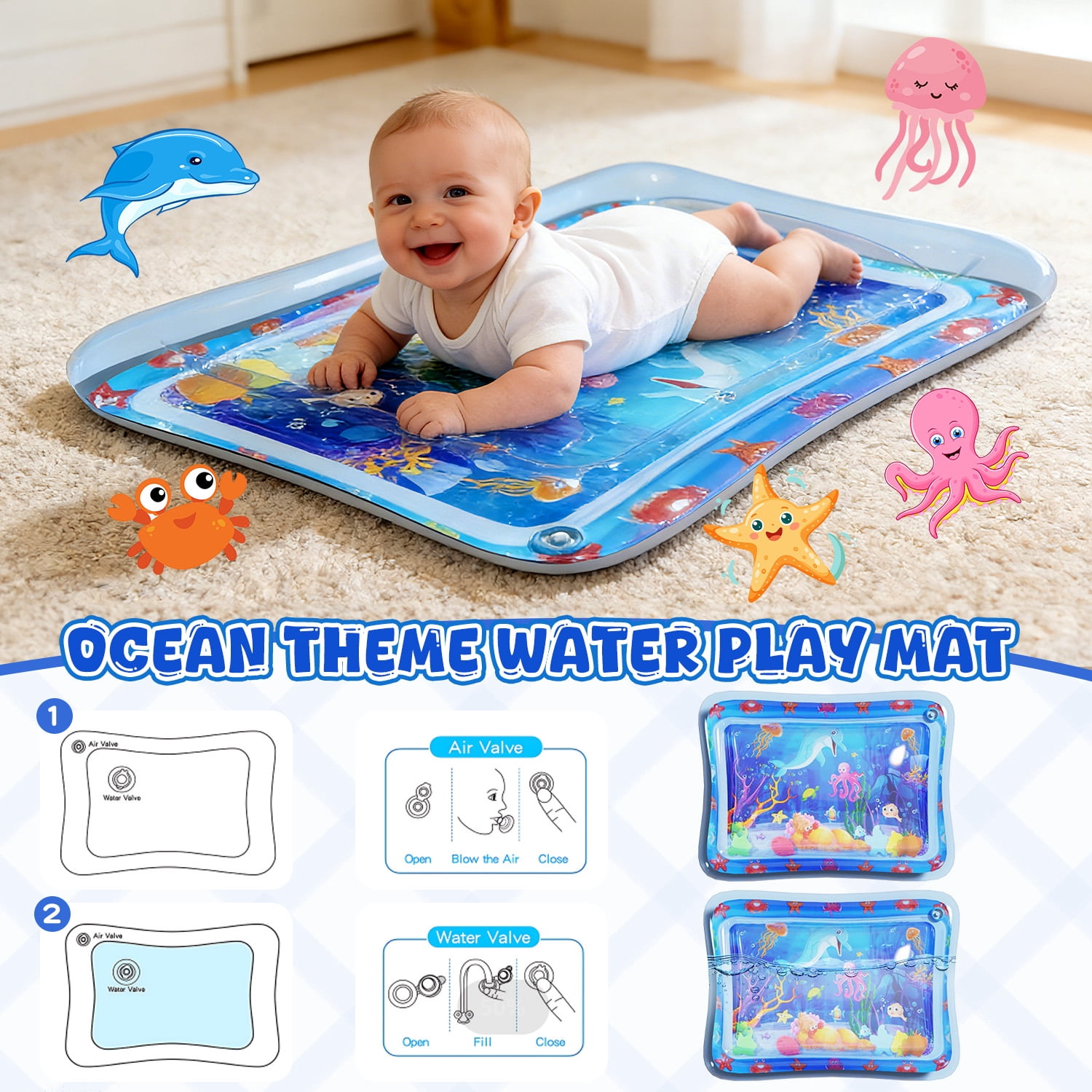 WonderStone 6-in-1 Baby Gym Play Mat, Activity Center Walker with Water Mat, 5 Infant Toys & Portable Musical Piano Panel for Babies 0–12 Months, Blue