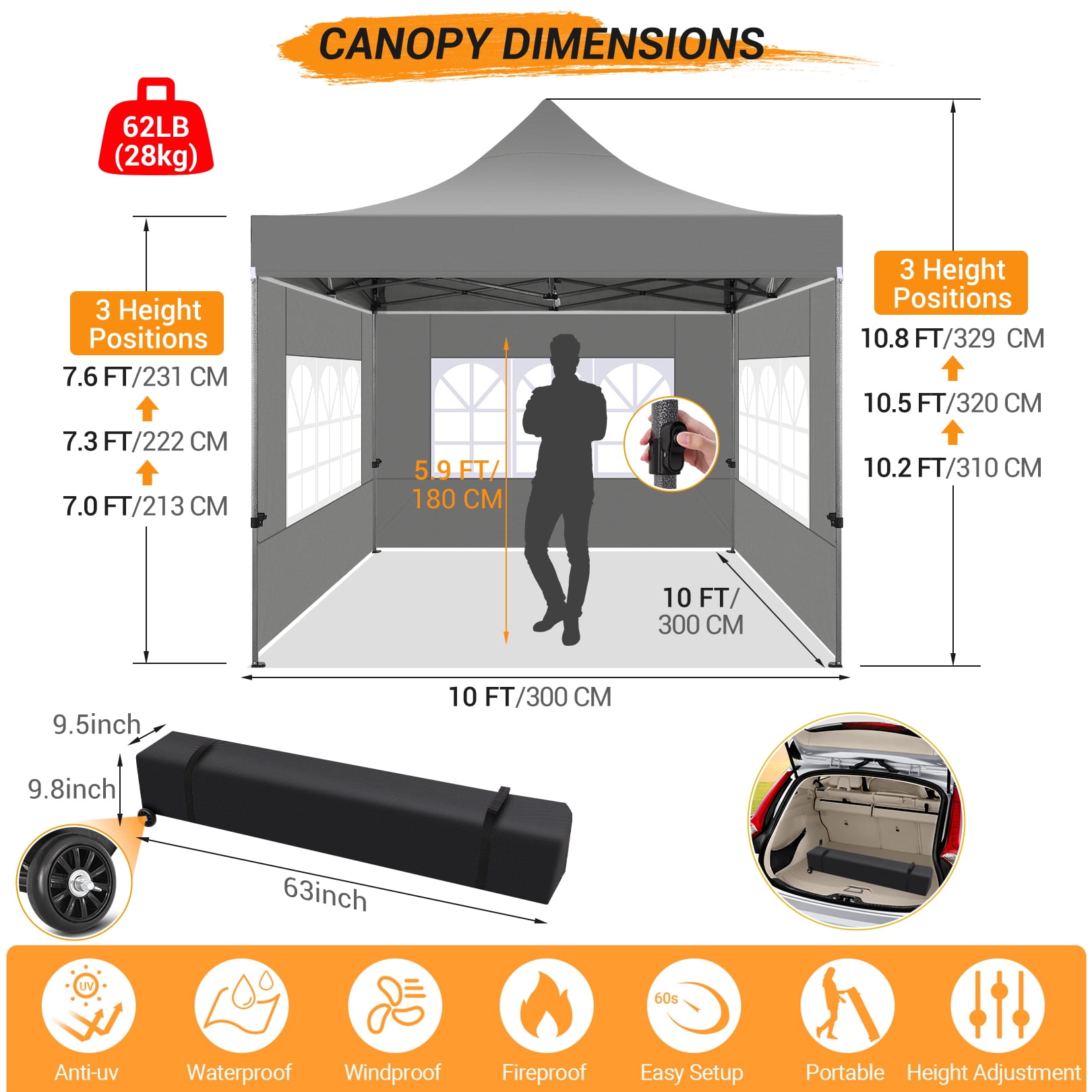 SANOPY 10x10 FT Heavy Duty Pop up Canopy , Commercial Canopy Tent, Adjustable Height Party Tent with 4 Removable Sidewalls, 4Sandbag，Rollerbag, Gray