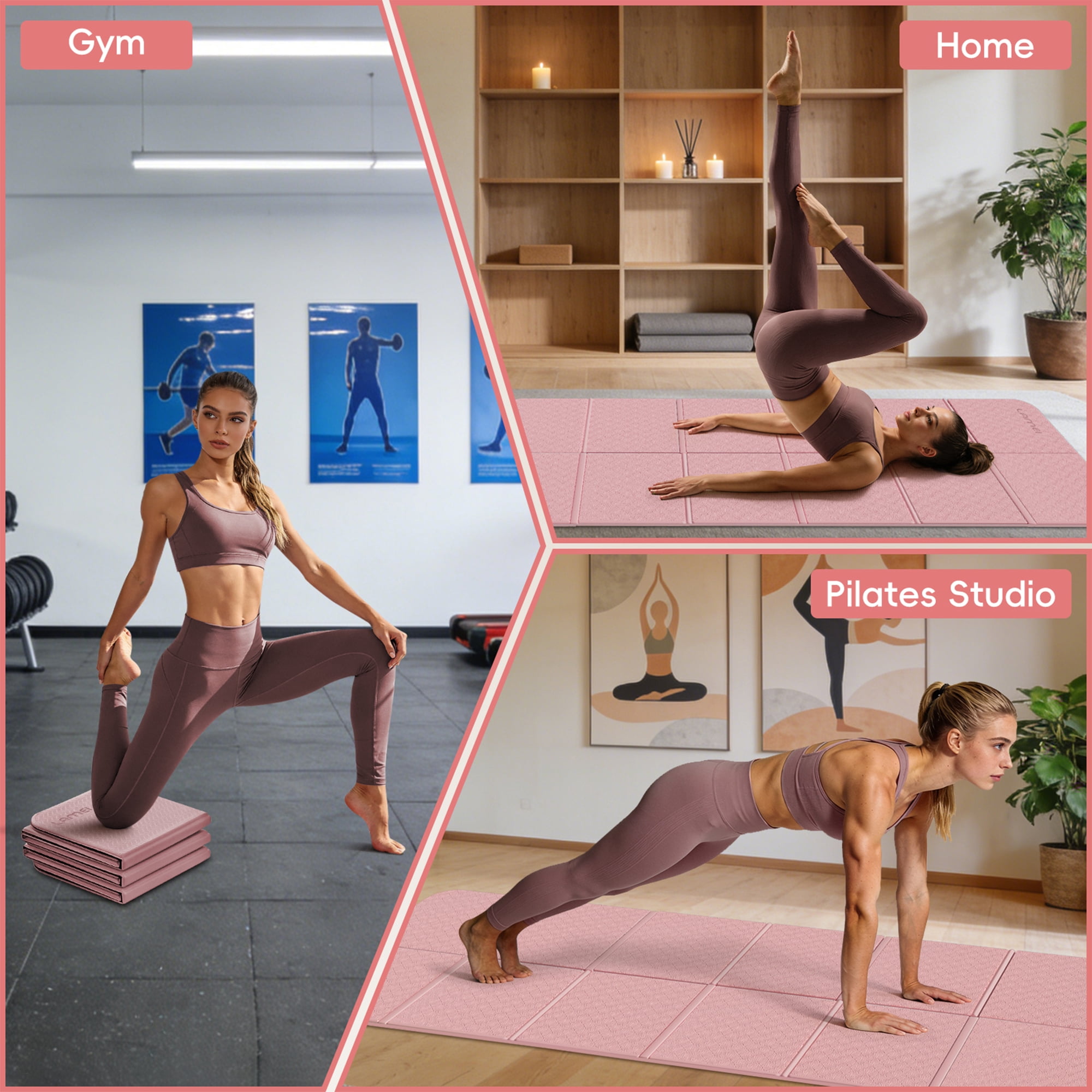 LAMEI Foldable Yoga Mat for Travel, 6mm Thick TPE Pilates Mat Thick, Non Slip Folding Exercise Mats for Home Workout with Bag(Pink+Black)