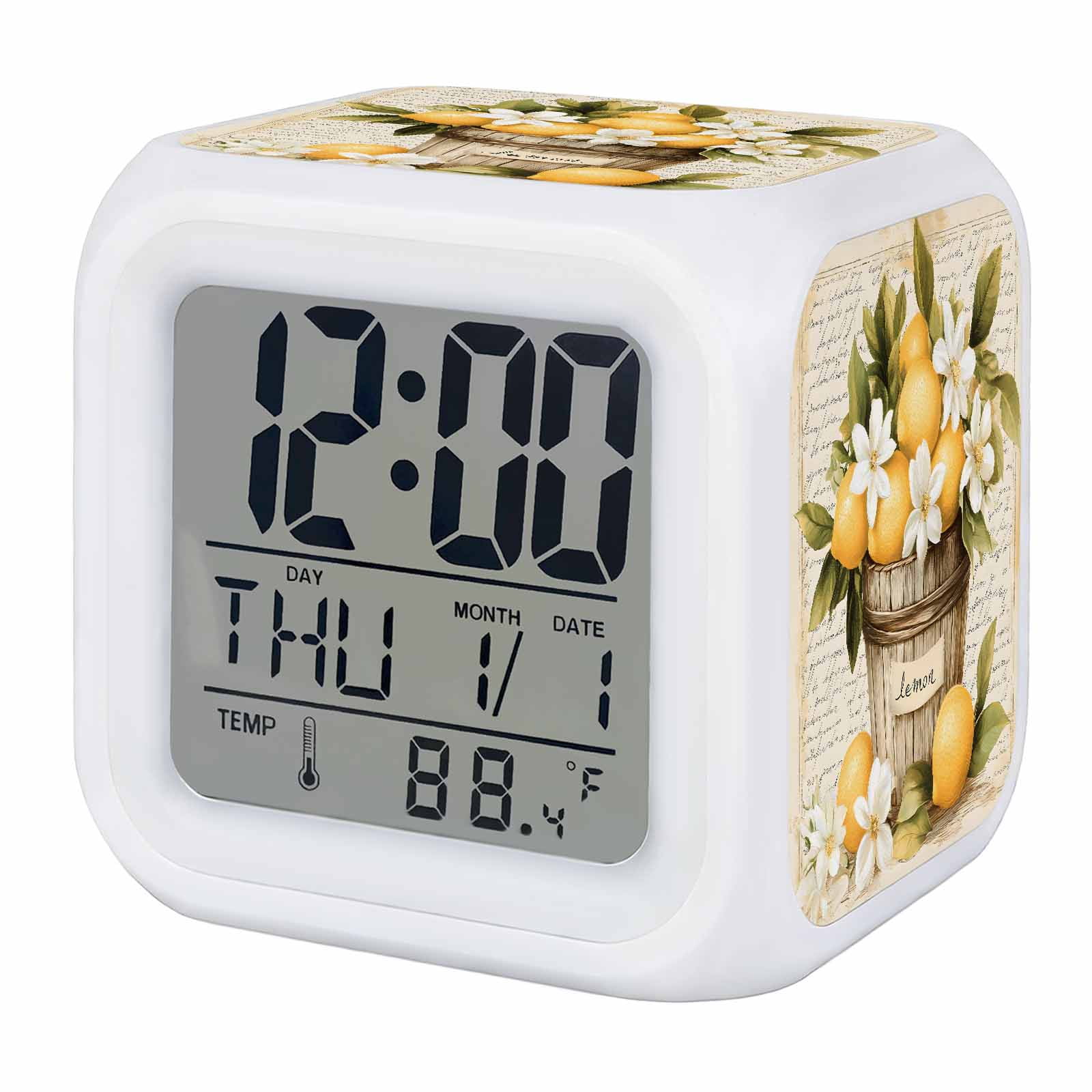 Lemon Alarm Clock, Watercolor Fruit Vintage Digital Clock Night Light with 7 Color, Calendar Temperature Display, LED Desk Small Clock for Bedrooms Bedside Living Room