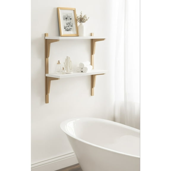 Kate and Laurel Meridien Modern Two-Tier Wooden Shelves, 24 x 8 x 24, White and Gold, Stunning Tiered Wall Shelf for Storage and Display as Cute Nursery Shelving or Bedroom Storage
