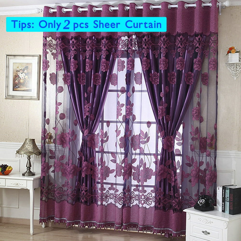 NK 2 Panels Luxury Floral Tulle Door Window Curtain With Beads Drape