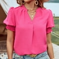 thumbnail image 2 of JSheng Summer Tops for Women Fashion Women casual Solid Color V-neck Pullover Short Puff Sleeve T-shirt Top Hot Pink S, 2 of 5