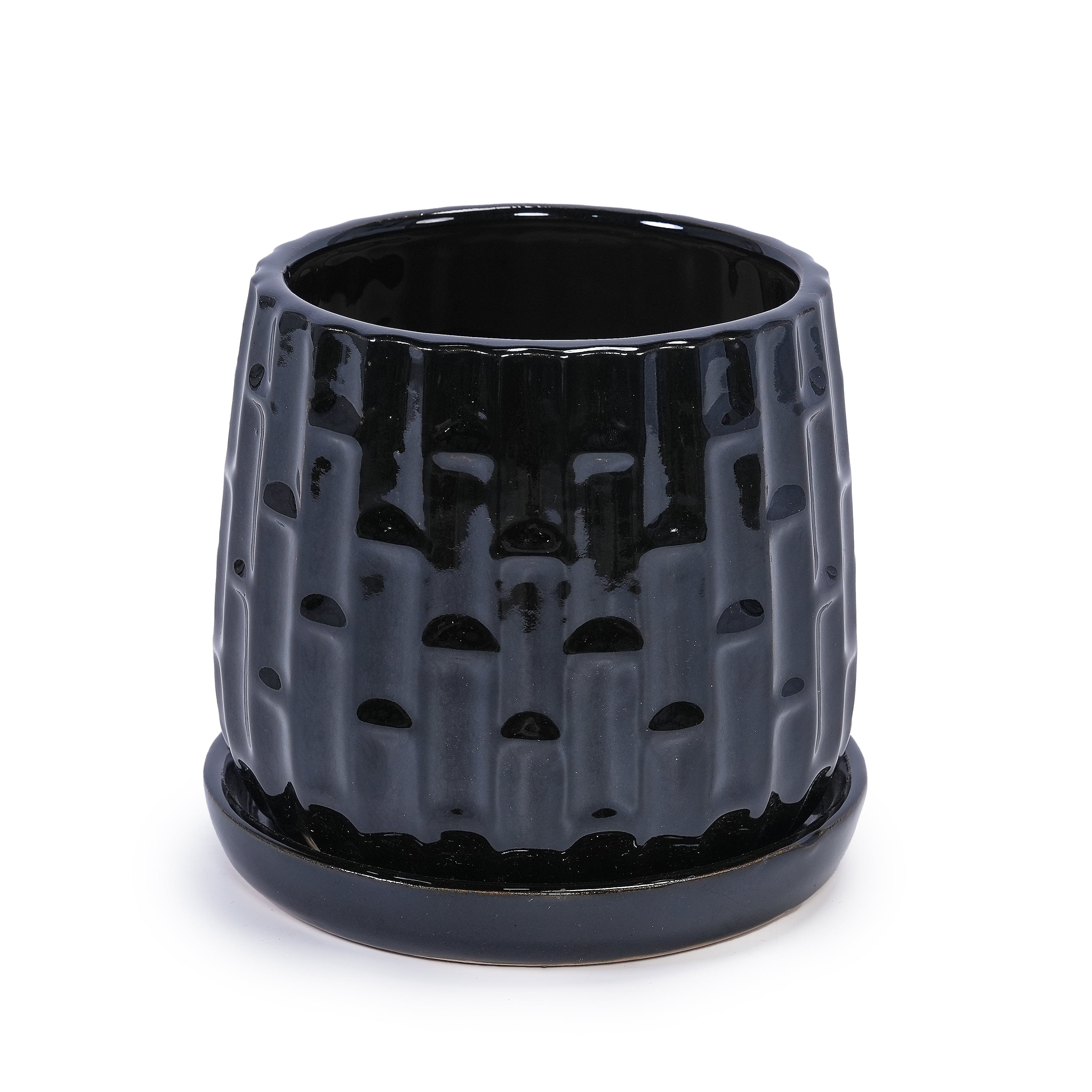 mdj pottery Ceramic Plant Pots, 7 + 5 Inch, Set of 2 Flower Pots with Drainage Hole and Saucer, Bamboo Pattern Planter for Plants Orchids Succulents Indoor/Outdoor, Plant Gifts - Black