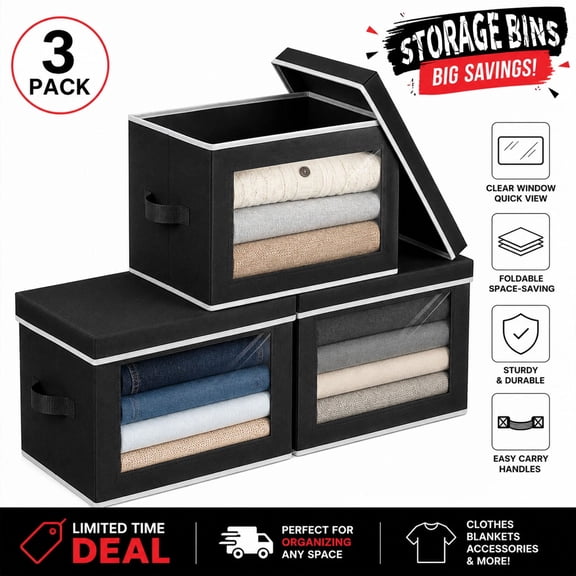 DIMJ Fabric Closet Organizers, Closet Storage Cubes, Christmas Ornament Storage Box, Stackable Storage Bins with Lids and Window for Holiday Blankets and Clothes,Towel Organizer 3-Pack,Black
