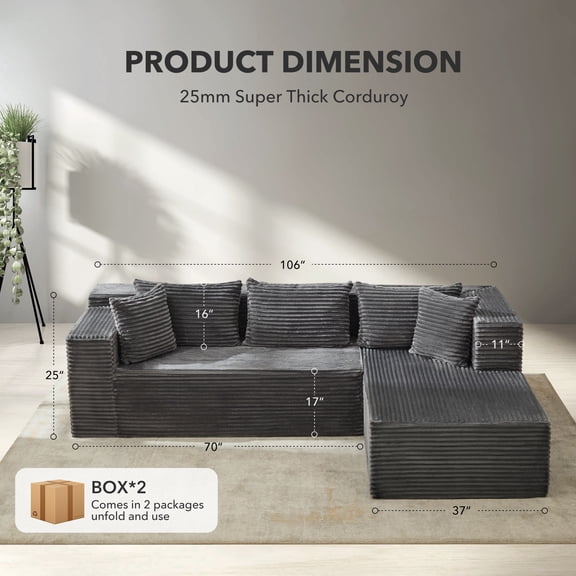 Oversized L-Shaped Sectional Sofa – 106" Deep Seat Cloud Couch with Chaise, Corduroy Fabric, No Assembly Required, Modern Living Room Set– Grey
