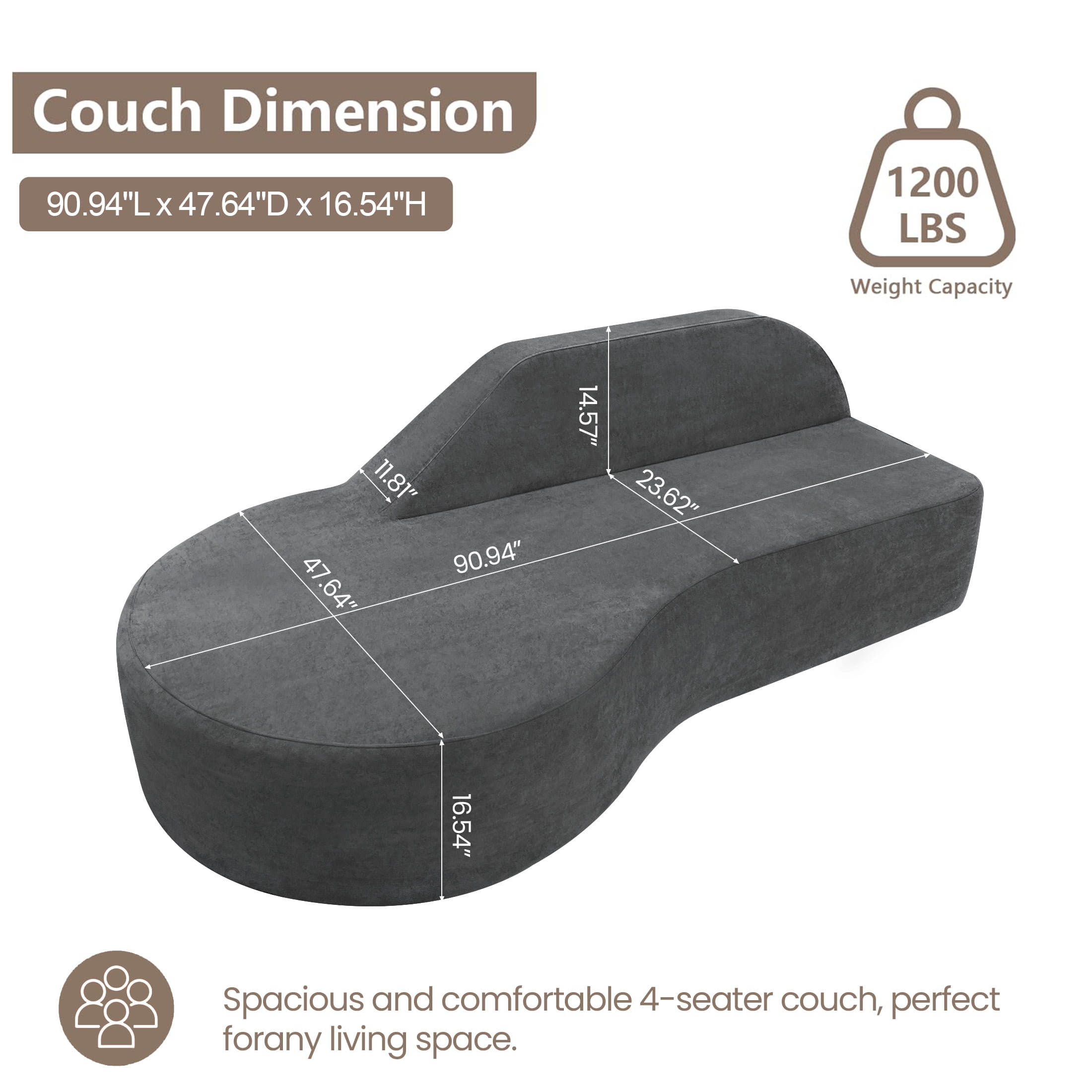 Jinyeda 91 " Curved Chaise Couch Memory Foam Sofa for Home Office, Installation Free, Velvet, Gray