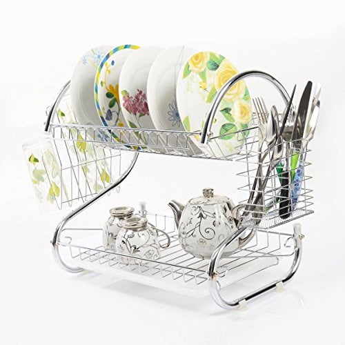 Dish Drying Rack Kitchen 2 Tier Large Bowls Draining Rack Rust Proof Glasses Drainer Fit Large Dishes Utensil Holder Mug Dryer with White Draining Tray Chrome K-Cliffs