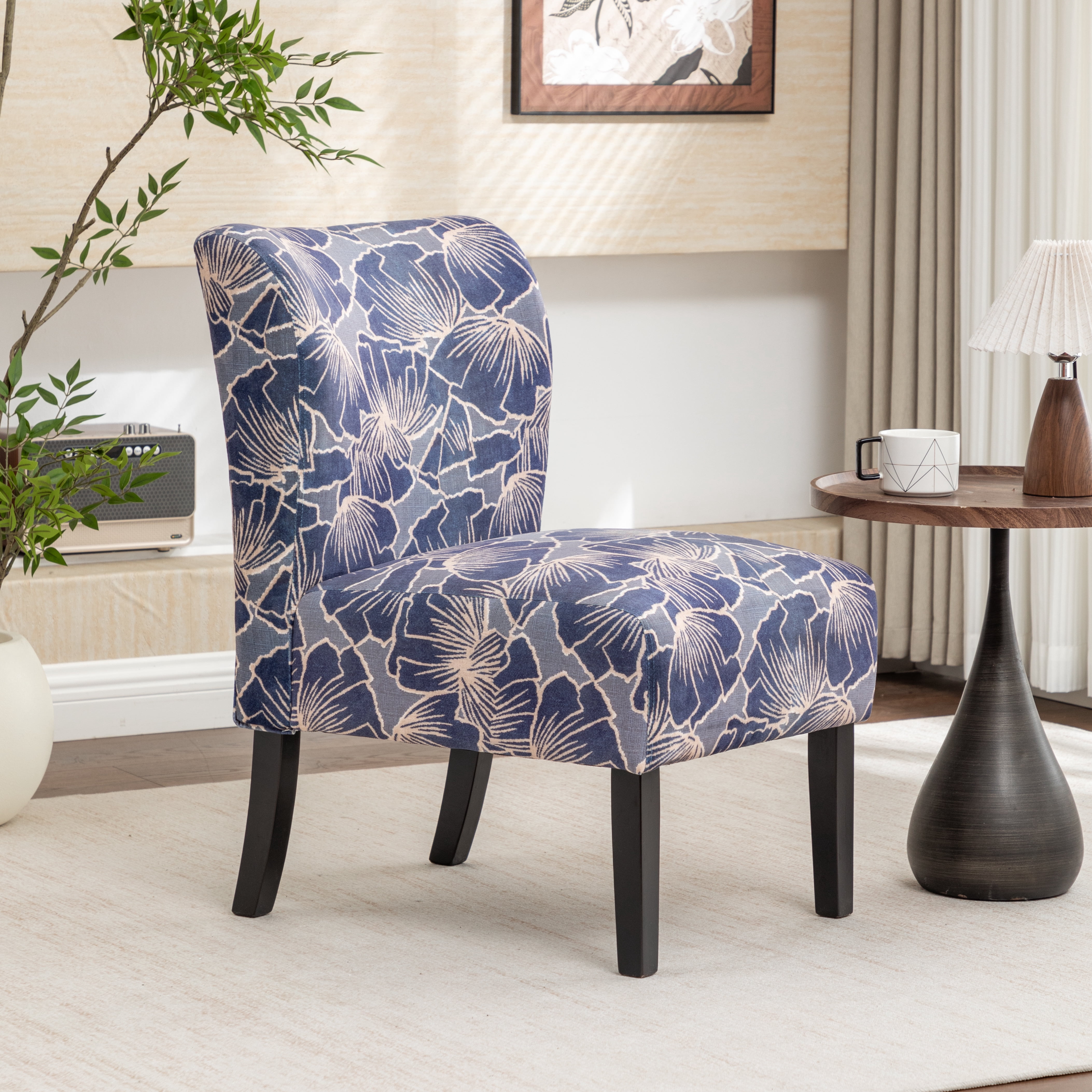 Roundhill Furniture Capa Print Fabric Armless Contemporary Accent Chair, Indigo Botanical Floral