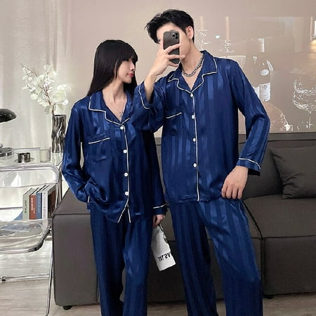 

PIKADINGNIS Young Lover Pajamas Set Satin Women Long-sleeved Spring Autumn Pyjama Loose Men Couple Pijama Set Silk Sleepwear Top+ Men Pant