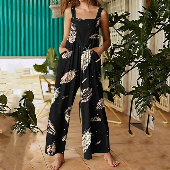 Roncen Women's Printed Overalls - Adjustable Strap Jumpsuit with Button Front & Multi-Pockets, Vintage Wide Leg Romper for Casual & Work