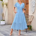 thumbnail image 3 of Eyelet Dresses for Women 2025 Elegant Short Sleeve Dresses Casual V Neck Maxi Sundress Flowy Tiered Vacation Sundress, 3 of 5