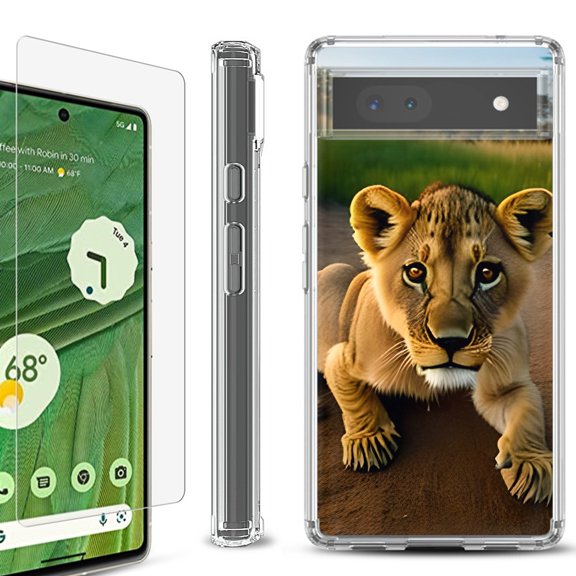 Shockproof Bumper Phone Case for Google Pixel 6a, with Tempered Glass Screen Protector, by OneToughShield ® - Lion Cub