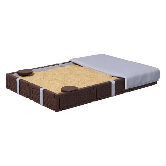 Kids Sandbox with Cover, 4 Corner Seats, Bottom Liner for Backyard, Garden, Outdoor, 73" x 47" x 9", Dark Brown