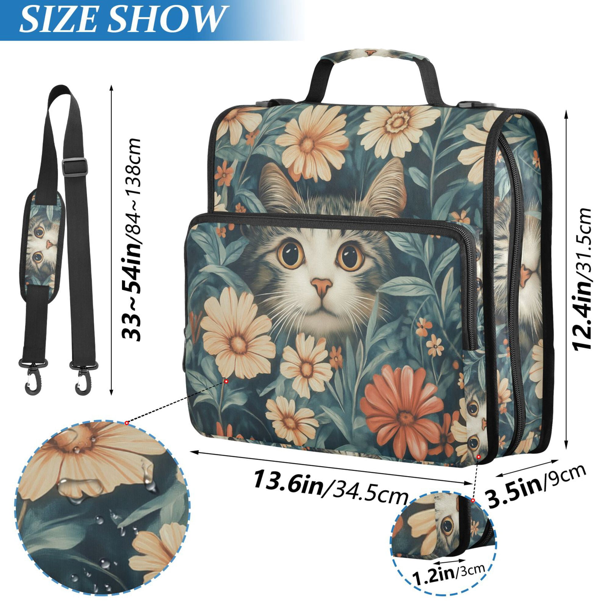 FORMRS Zipper Binder with Shoulder Strap 2-inch Ring 500 Sheet Capacity File Bag, Flowers Cat