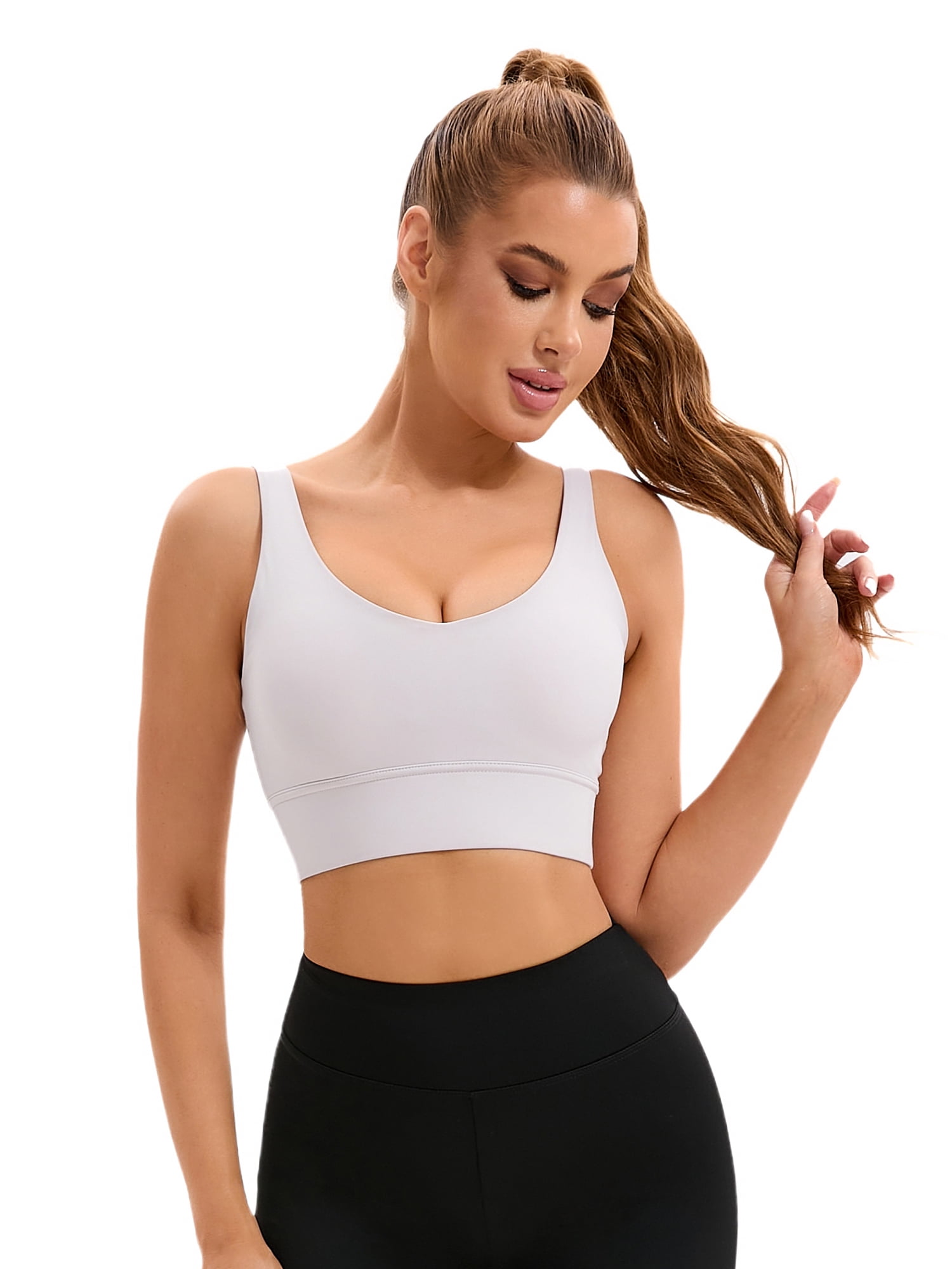 Unique Bargains Women's V-Neck Workout Crop Top Bra U Back Sports Bras M White