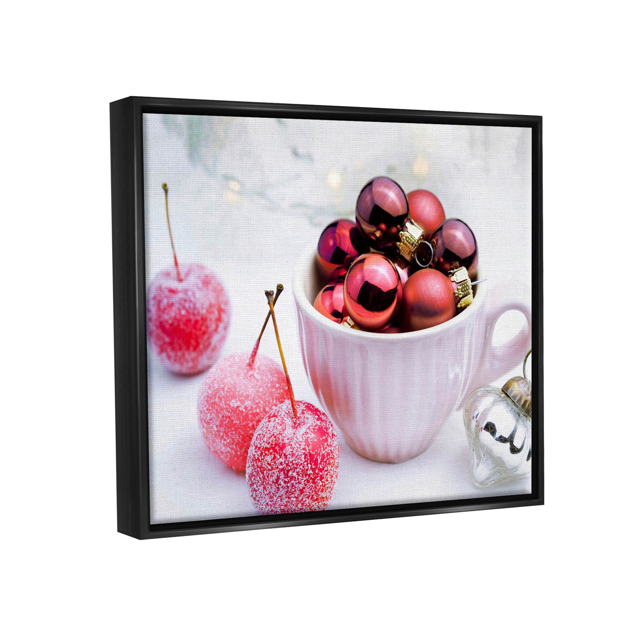 Gleaming Red Christmas Ornaments Holiday Photograph Jet Black Framed Art Print Wall Art