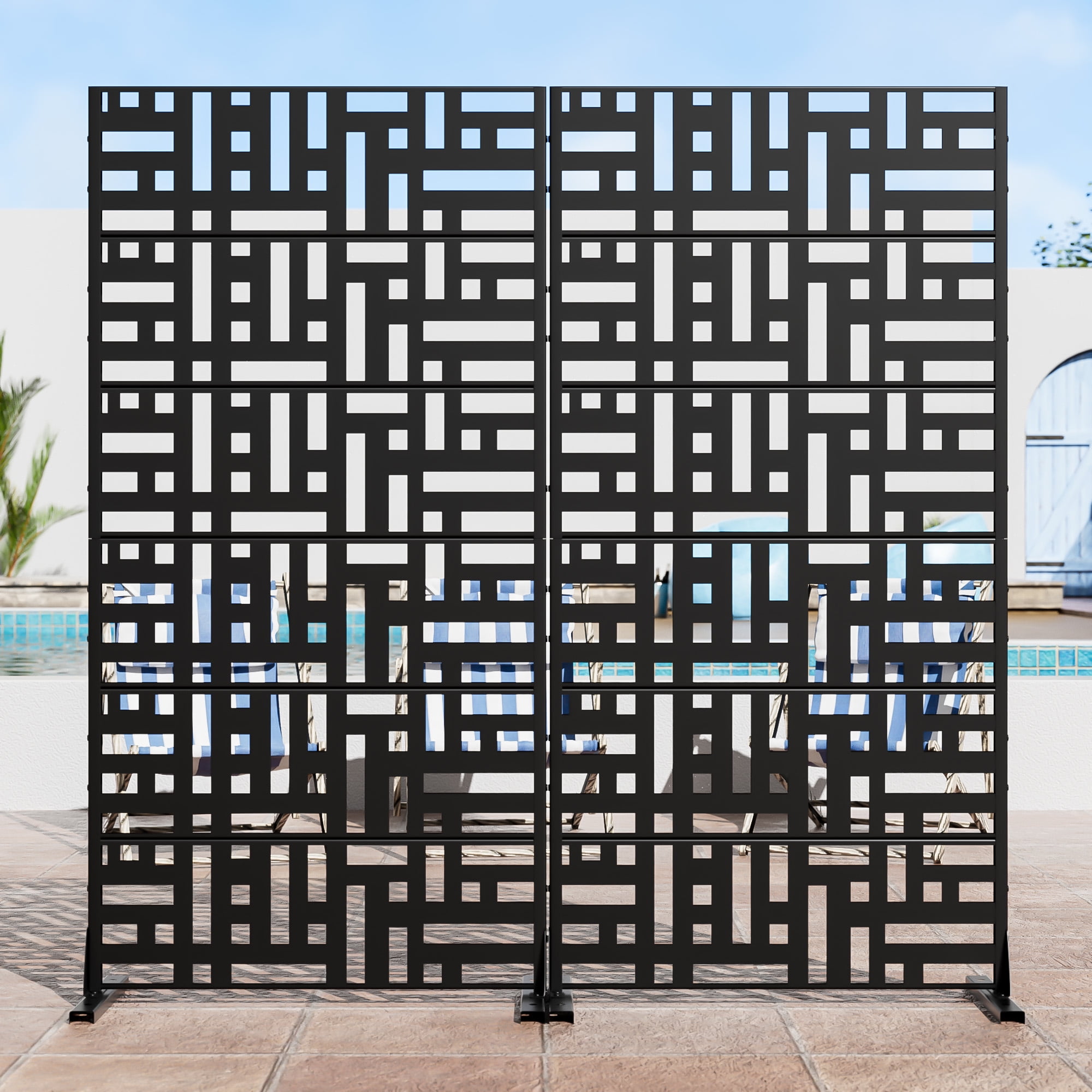 MAYEERTY 72 × 35in Outdoor Privacy Screen with Stand Metal Balcony Decorative Screen, Black