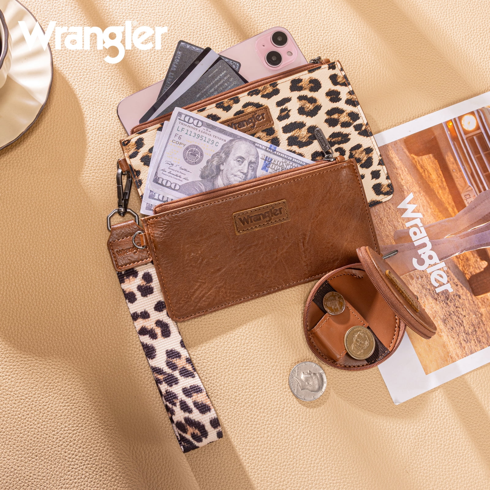 Wrangler Women's Keychain Wristlet Wallet Dual Pouch Design with Zipper Coin Purse, Spacious & Easy to Carry, Leopard